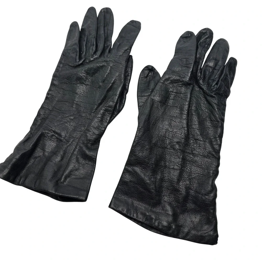 Vintage Italian Gloves Black Leather Womens Size 7 Silk Lined Driving Luxury